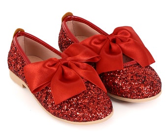 Chaussures Habillées pour Filles avec Paillettes et Glitter, Ballerines Plates Mary Jane, Escarpins en Rouge