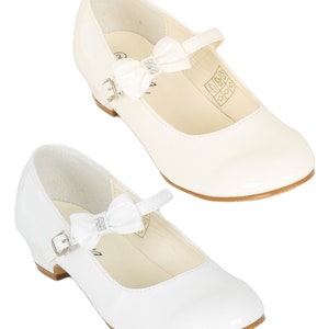 Girls' High Heel Patent Mary Jane Dress Shoes with Ankle Strap & Bow - Ideal for Weddings, Communion, Confirmation Events