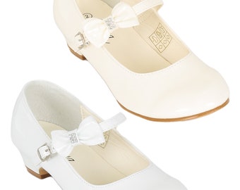 Girls' High Heel Patent Mary Jane Dress Shoes with Ankle Strap & Bow - Ideal for Weddings, Communion, Confirmation Events