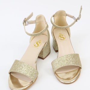 SIRRI Girls Gold Ankle-Strap Shoes, Block Heels Sandals with Glitter for Special Occasion image 2