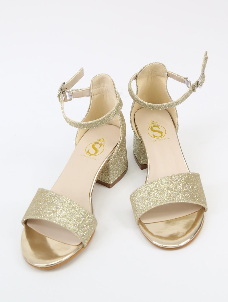 SIRRI Girls Gold Ankle-Strap Shoes, Block Heels Sandals with Glitter for Special Occasion image 2