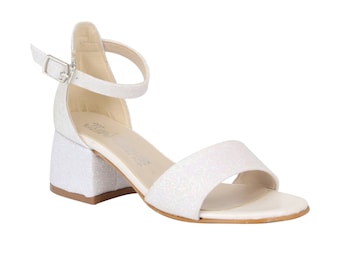 SIRRI Girls Pearl Ivory Ankle-Strap Shoes, Block Heels Sandals with Glitter for Special Occasion