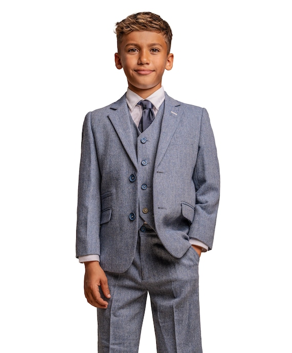 Boys Tweed Blue Wedding Pageboy Formal Suit 3 or 6 Piece Slim Fit