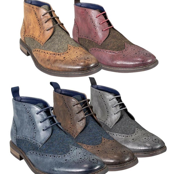 Mens Tweed Leather Mix Shoes Chelsea Lace Up Boots