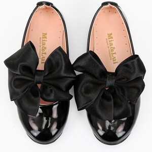 Flower Girls Communion Spanish Style Shiny Patent Faux Leather Mary Jane Bow Slip On Dress Formal Shoes Black