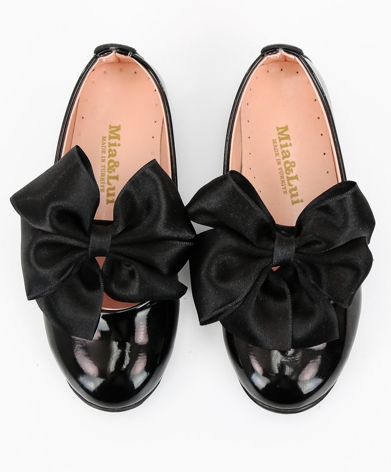 Flower Girls Communion Spanish Style Shiny Patent Faux Leather Mary Jane Bow Slip On Dress Formal Shoes Black