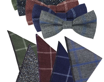 Boys Pageboy Tweed Plaid Check Bowtie Hanky Formal Wedding Smart Casual Neckwear Accessory Set