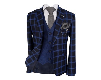 Boys Tailored fit Windowpane Check Formal Tweed Suit in Royal Blue & Black