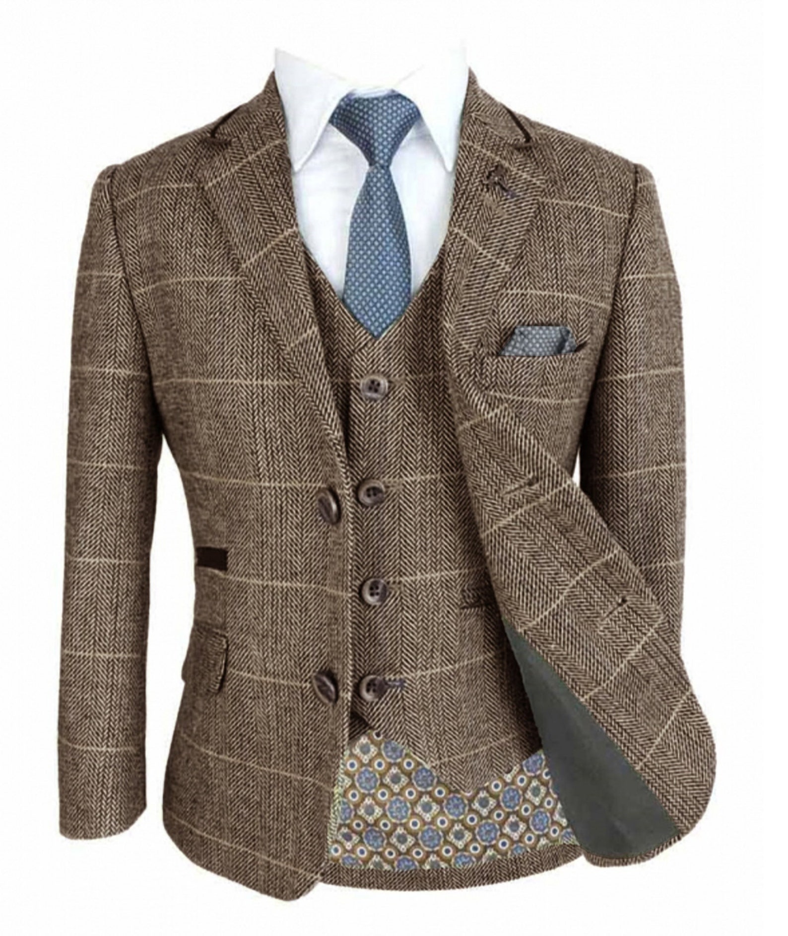 Cavani Boys Tan Brown Wool Blend Herringbone Check Tweed Suit - Etsy