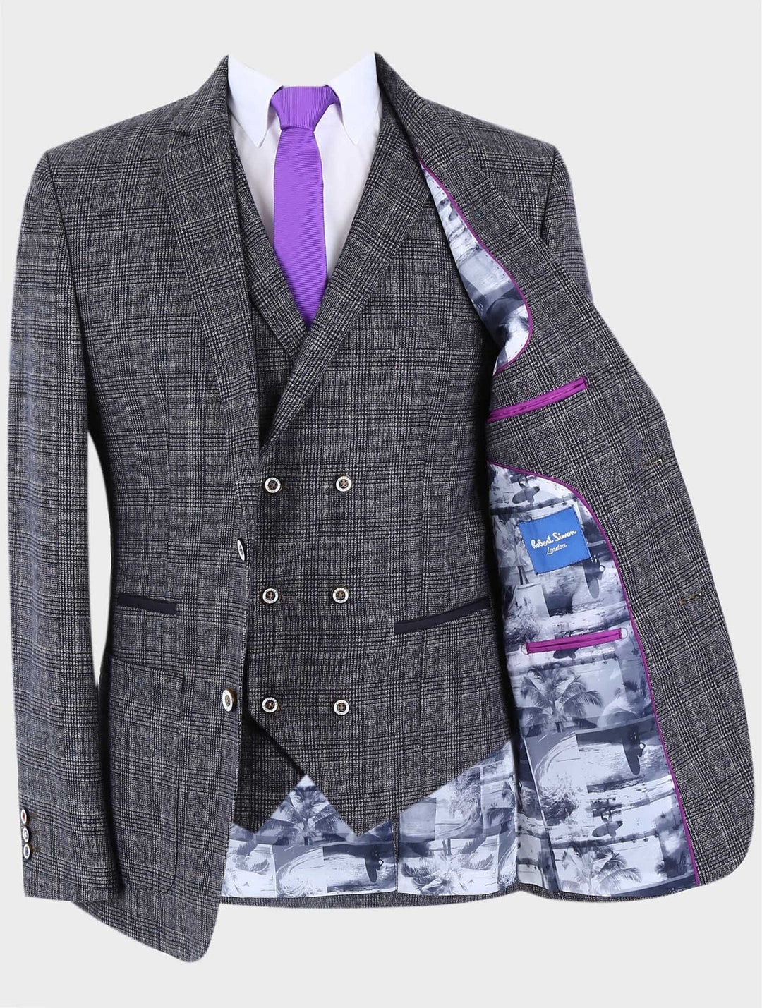 Mens Windowpane Check Slim Fit Retro Vintage Blazer and Waistcoat in ...