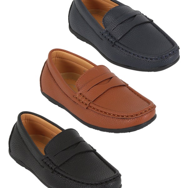 Boys Faux Leather Slip On Tread Classic  Loafer Wedding Prom Smart Casual Moccasin Shoes