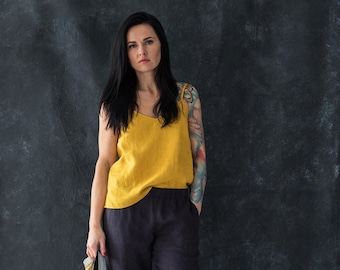 Linen top, linen tank, yellow linen camisole