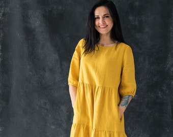 Robe en lin à plusieurs niveaux, robe en lin jaune riche, robe d'été décontractée