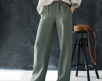 Women's wide trousers. Linen pants with elastic waist