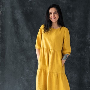 Tiered linen dress, rich yellow linen dress, relaxed summer dress