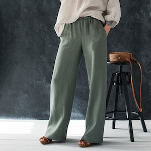 Women's wide trousers. Linen pants with elastic waist