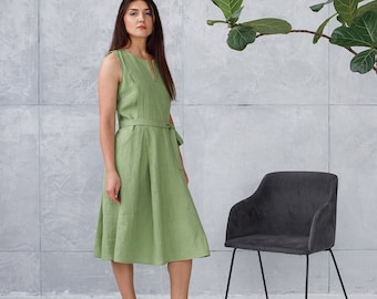 Tailliertes Leinenkleid, avocadofarbenes Leinenkleid, elegantes Leinenkleid