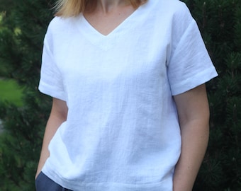 White blouse, linen top, soft washed linen t-shirt, linen blouse