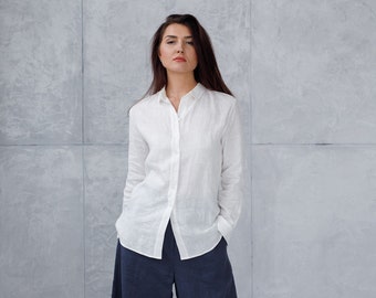 White shirt, classic white linen shirt, light-weight fabric linen shirt, embroider shirt