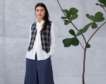 Vintage plaid vest, Linen vest for women, Linen waistcoat