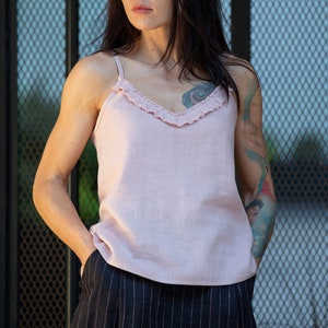 Linen top, soft washed linen camisole, linen tank with ruffles image 2