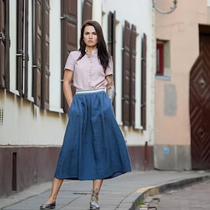 Linen skirt with elastic waist, Midi linen skirt image 1