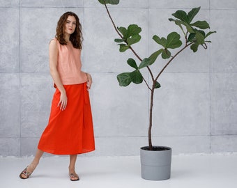 Wrap linen skirt, Midi linen skirt, orange skirt.