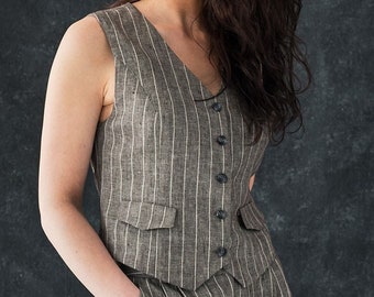 Classic linen waistcoat for women, striped linen vest