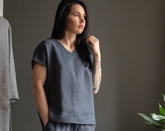 Linen V neck top, linen loose fit T-shirt