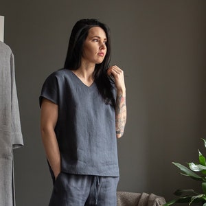 Linen V neck top, linen loose fit T-shirt