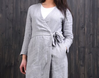 Linen wrap dress, linen coat dress, long linen jacket