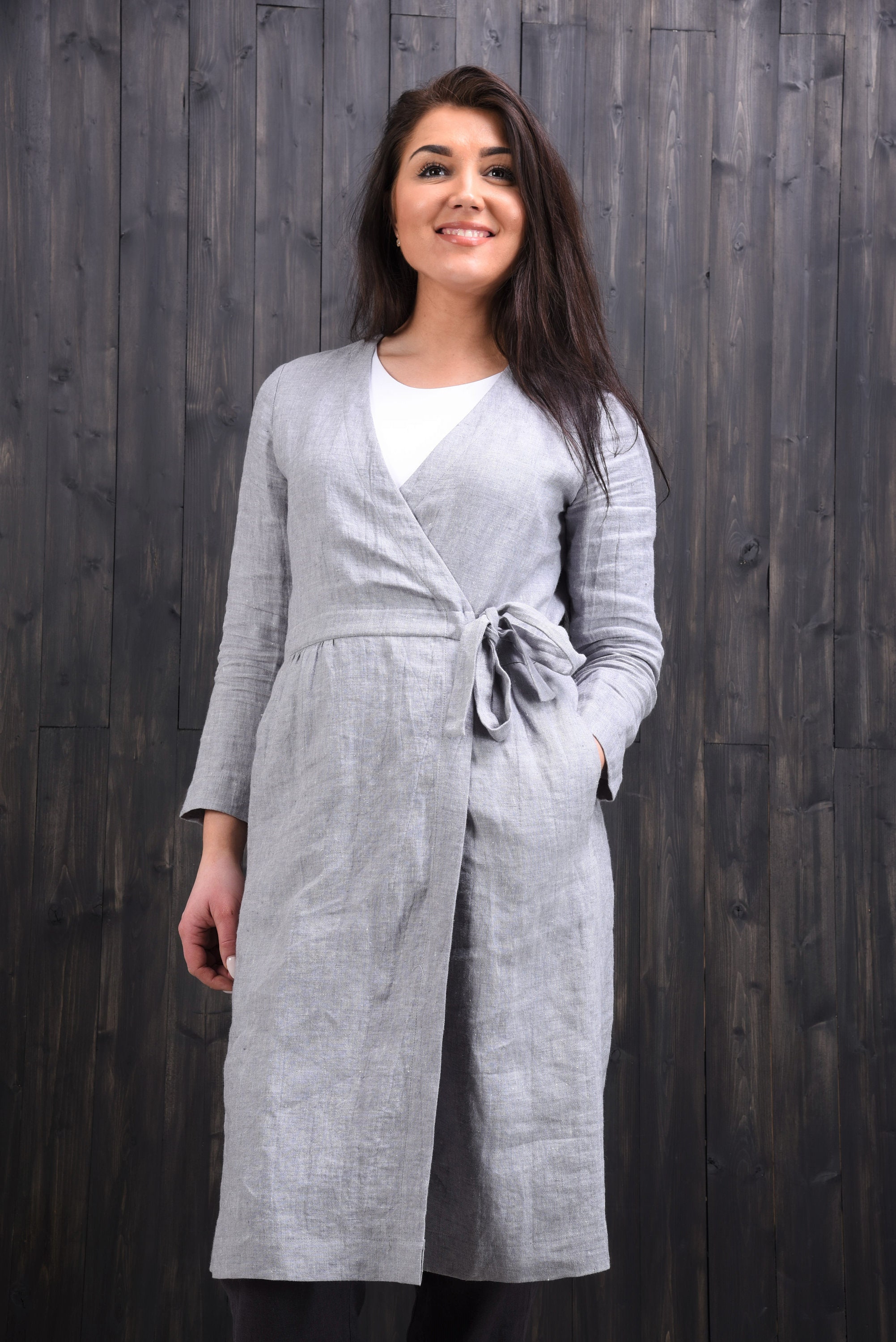linen wrap dress, linen coat dress, long linen jacket