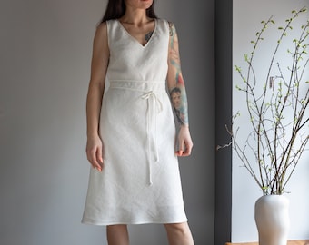 White linen dress, Elegant linen dress, Minimal sleeveless midi dress, Wedding dress, Bias cut linen dress.