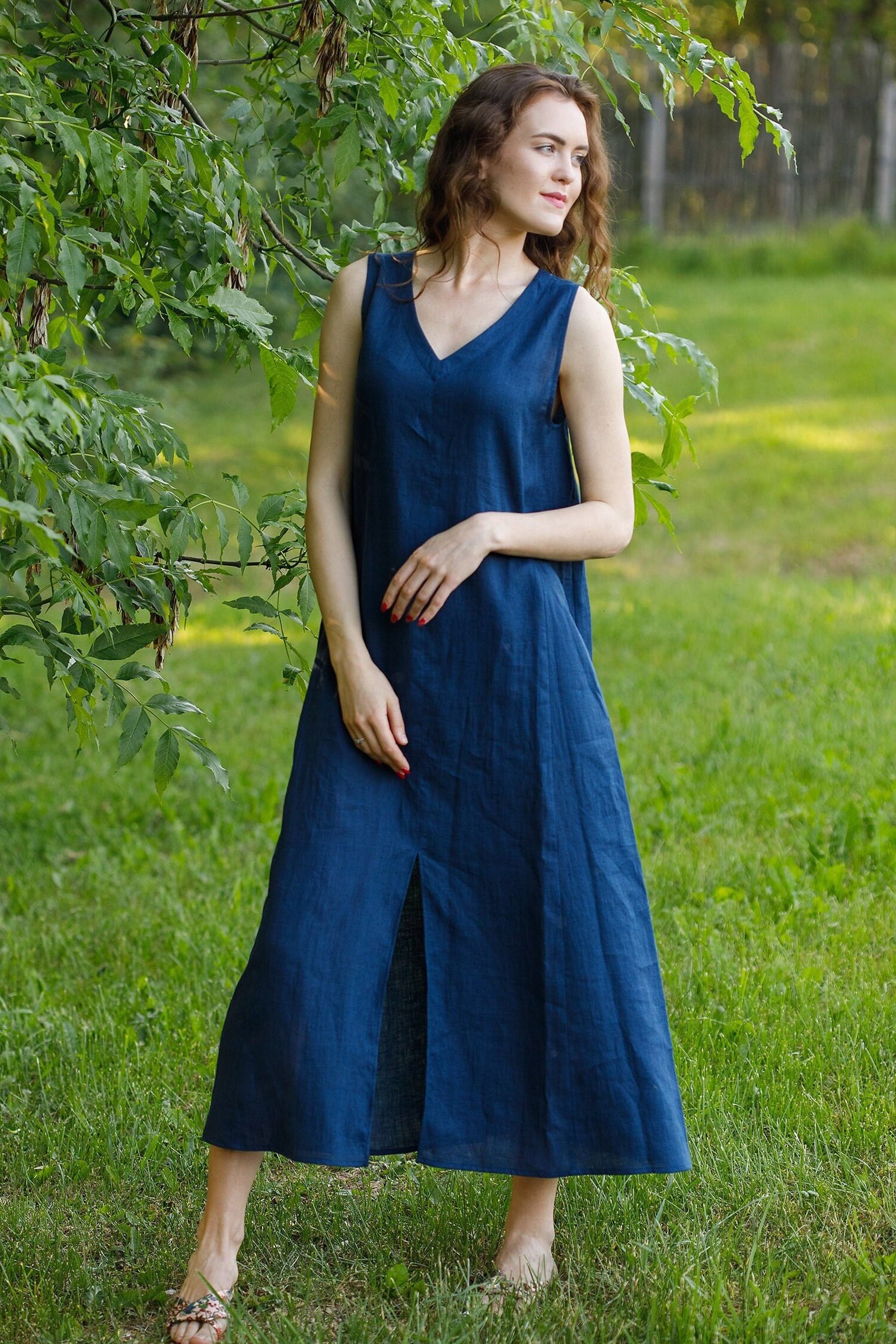 blue linen maxi dress with Puff Sleeves - Linen Wrap Dress in Navy - Summer Plus Size Dress side pockets and a tie belt closure that emphasises the waist Blue Melange Loose Linen Maxi