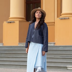 Linen Wool Jacket-Softened, Loose Fit, Diagonal Trim,