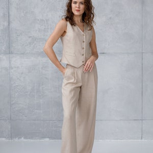 Set of vest top and wide leg trousers, two piece linen suit: tee vest top and straight-leg pants. image 4