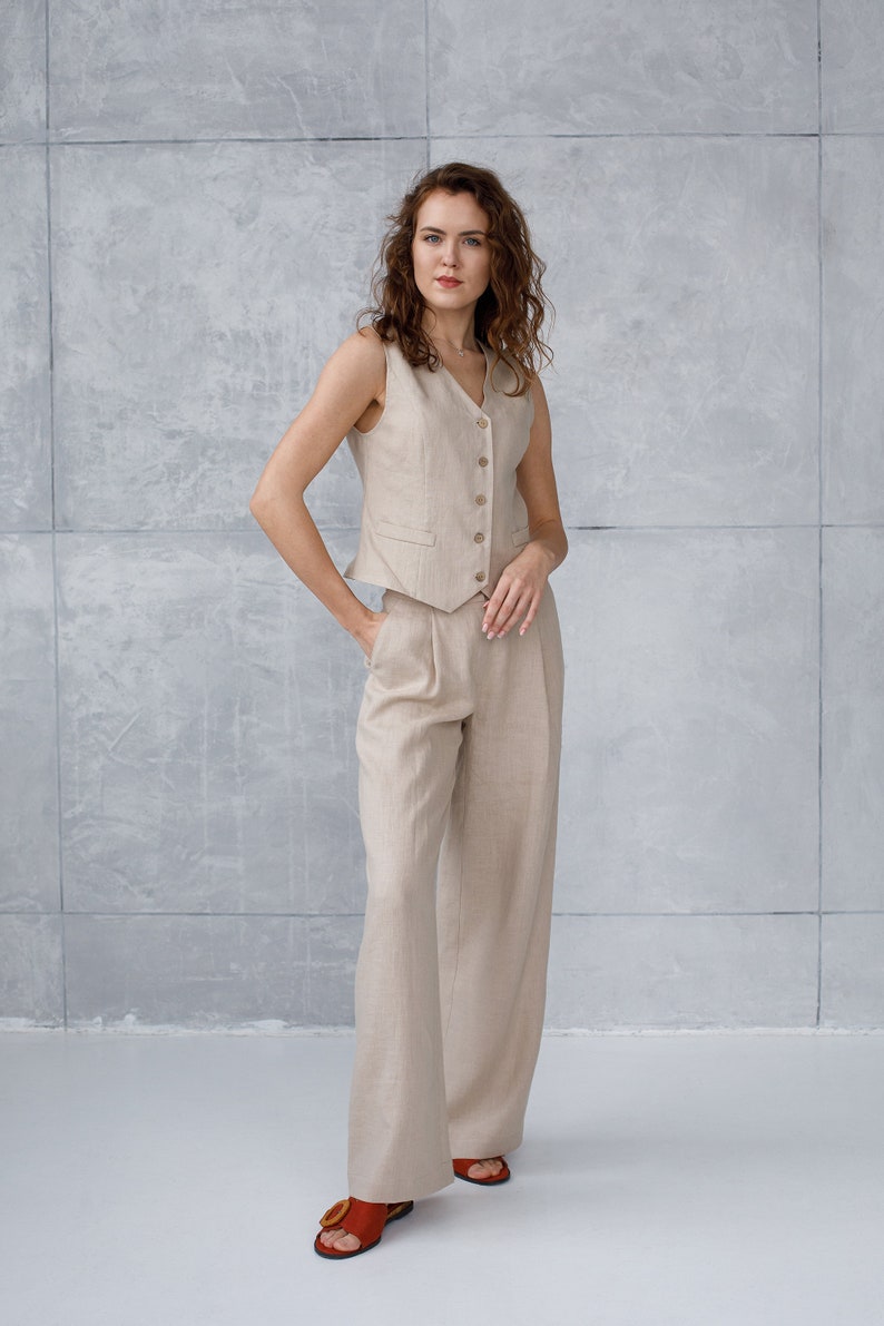 Set of vest top and wide leg trousers, two piece linen suit: tee vest top and straight-leg pants. image 4