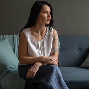 White blouse, Crochet detail linen tank top, white linen camisole