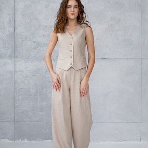 Set of vest top and wide leg trousers, two piece linen suit: tee vest top and straight-leg pants. image 5