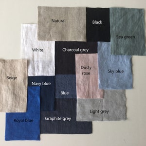 May include: A collection of fabric swatches in various colors, including natural, black, sea green, white, charcoal grey, dusty rose, sky blue, beige, navy blue, blue, light grey, royal blue, and graphite grey.