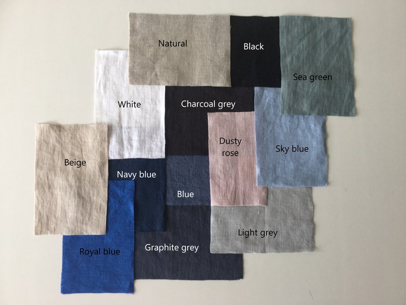 May include: A collection of fabric swatches in various colors, including natural, black, sea green, white, charcoal grey, dusty rose, sky blue, beige, navy blue, blue, light grey, royal blue, and graphite grey.