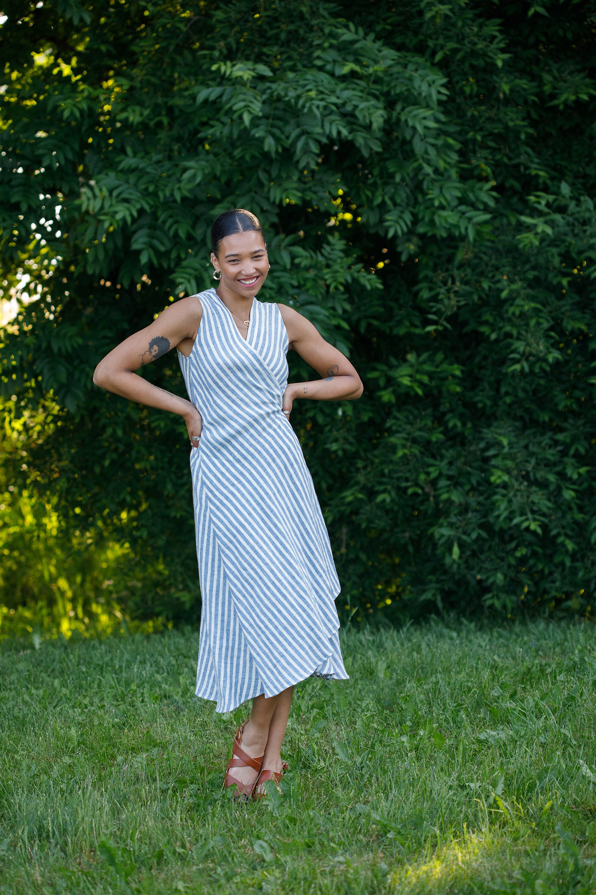 Light linen wrap dress, striped long linen dress