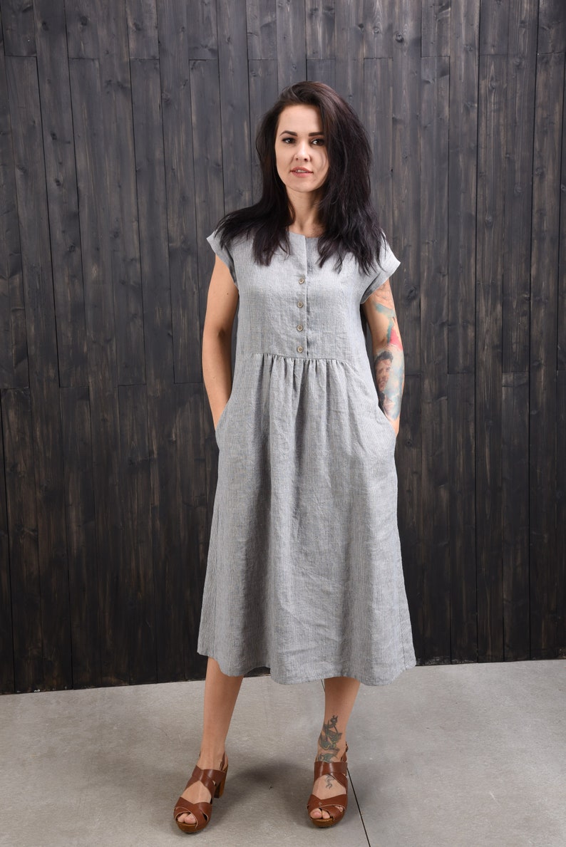 Linen dress, striped linen dress, long linen dress image 1