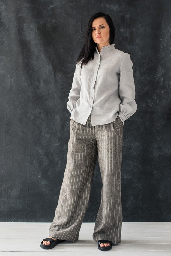 Victorian style linen shirt, Linen blouse with Victorian collar and sleeves