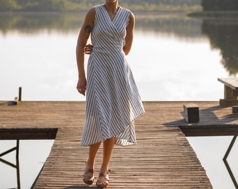 Light linen wrap dress, striped long linen dress