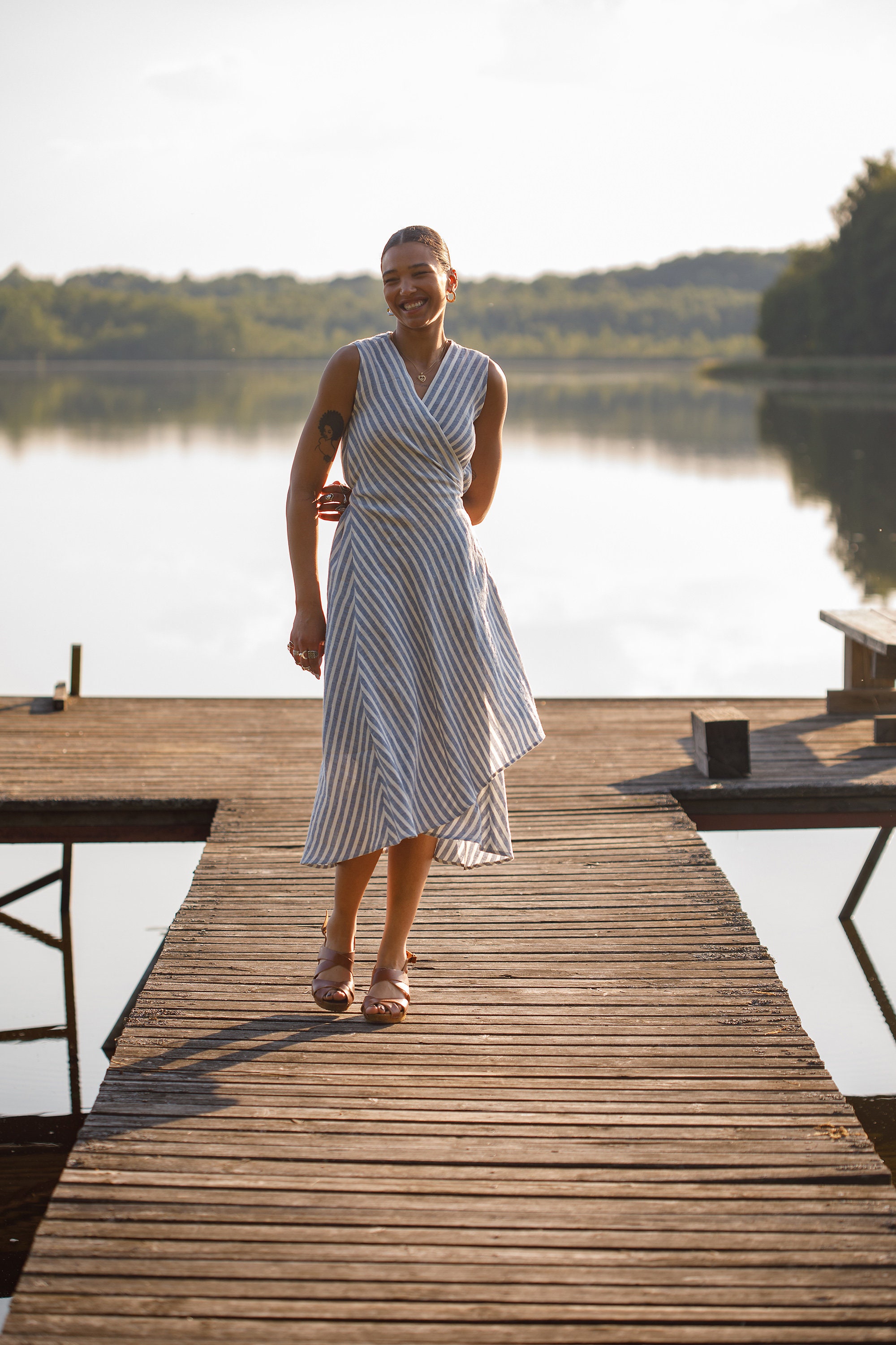 stripped dress Coeur Sports - Green/Cream Striped the Everything You Love Striped Maxi Dress was made for seaside strolls and summer getaways Light linen wrap dress, striped