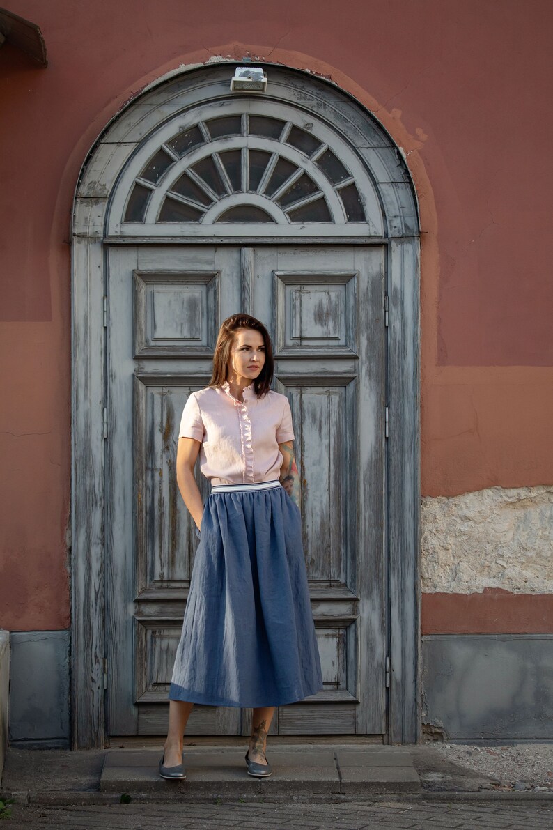 Linen skirt with elastic waist, Midi linen skirt image 4