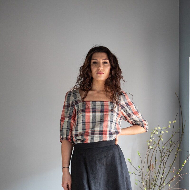 High Neck Cut Out Detail Linen Blouse in Gray main image 1