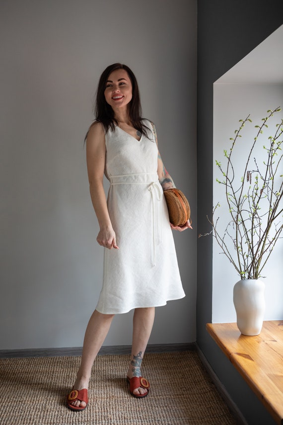 White Linen Dress Elegant Linen Dress Minimal Sleeveless Midi Dress Wedding Dress Bias Cut Linen Dress. Etsy UK
