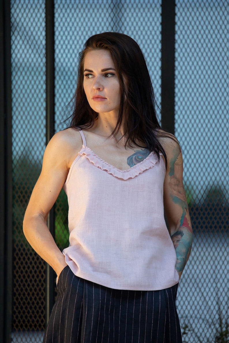 Linen top, soft washed linen camisole, linen tank with ruffles image 2